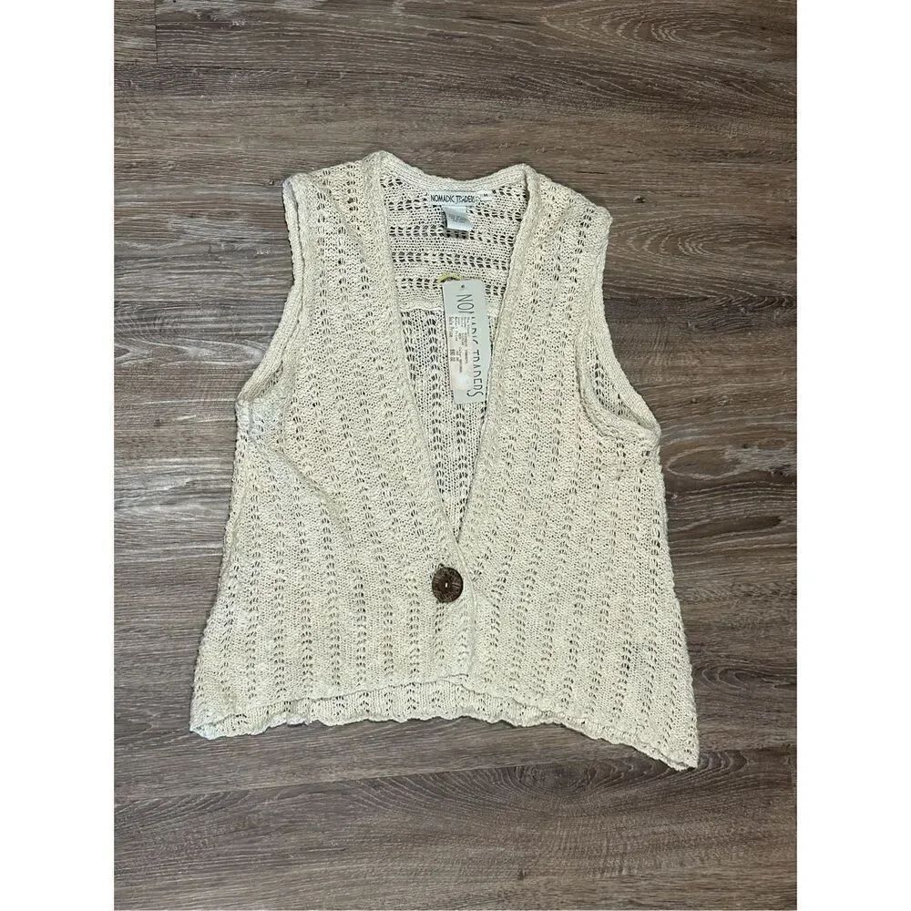 Nomadic Traders boho hippie crochet sweater vest shrug M tan new